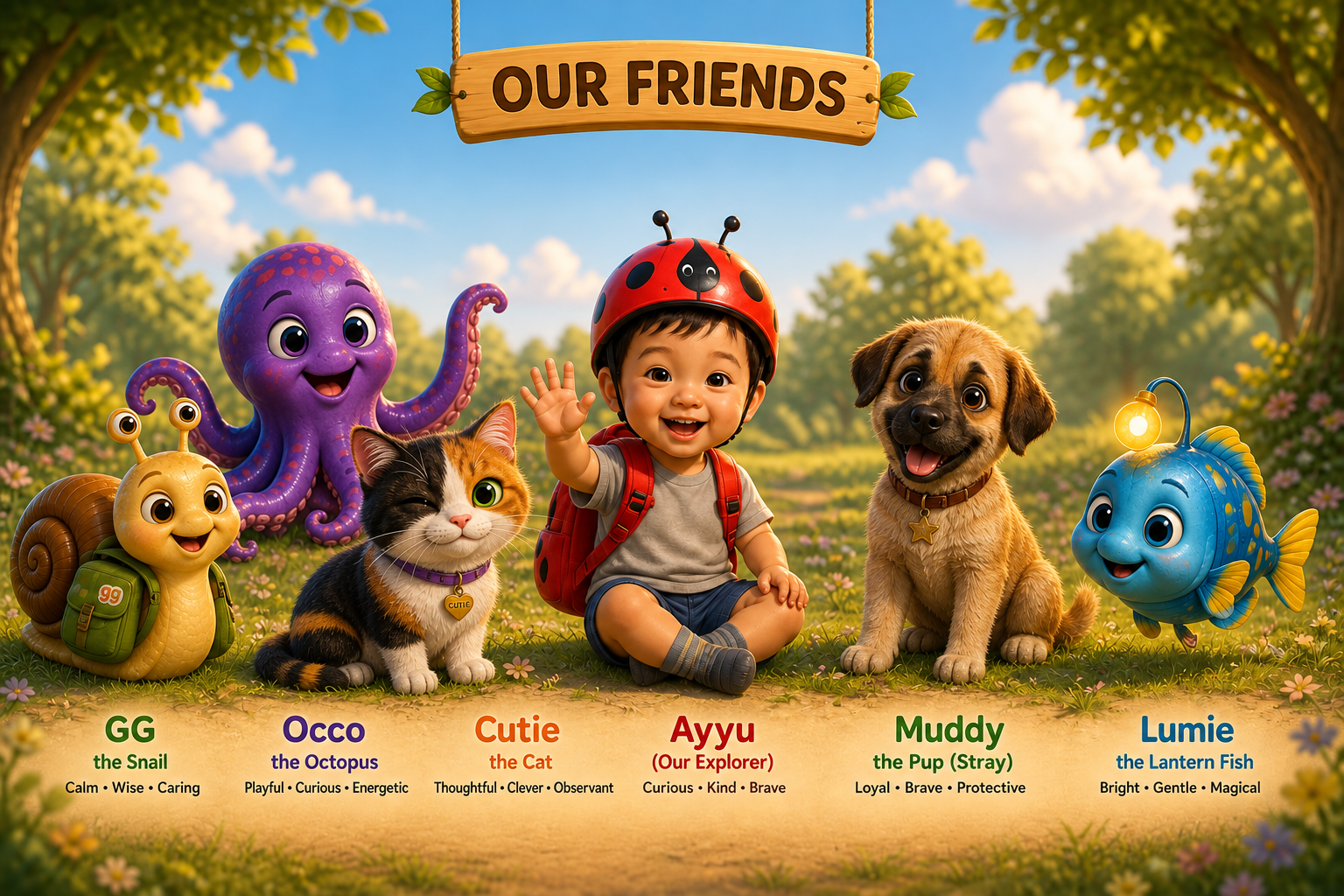 Ayyu with GG the snail, Occo the octopus, Cutie the calico cat, Muddy the puppy and Lumie the lantern fish in a sunny meadow